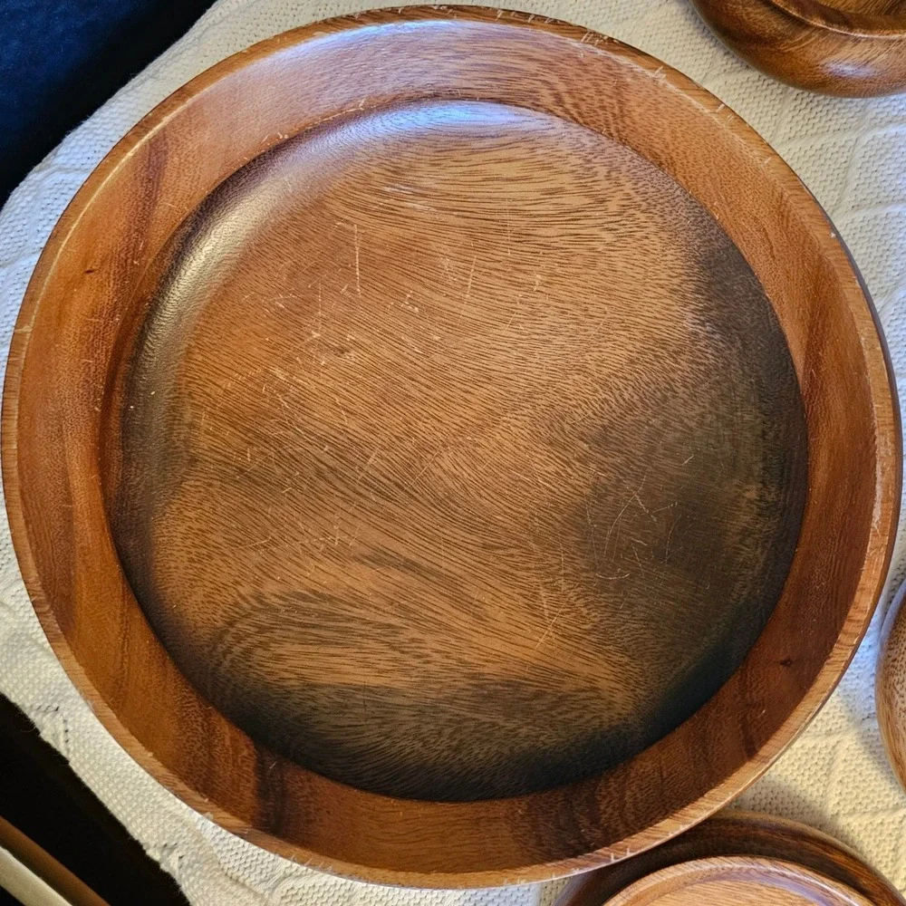 Vintage MCM Monkeypod Wood Salad Bowl Set 10 Piece Set Hawaiian Hand Carved